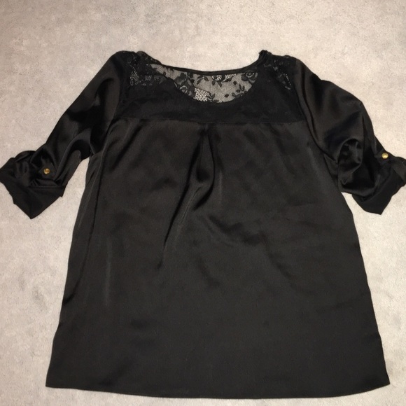 F21 Black Satin Top with lace Yoke - Picture 2 of 4